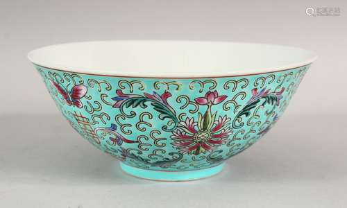 A CHINESE TURQUOISE GROUND PORCELAIN BOWL, the exterior deco...