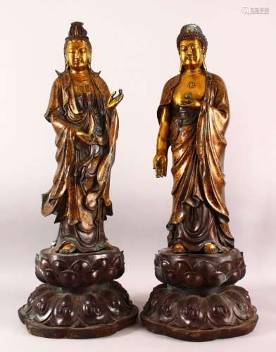 A LARGE PAIR OF CHINESE GILT BRONZE FIGURES OF DEITYS - one ...