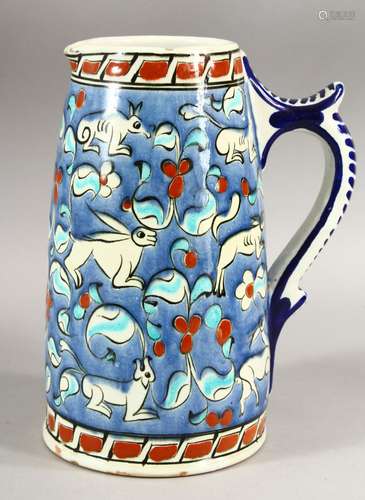 AN IZNIK STYLE GREEK POTTERY JUG, painted with deer and rabb...