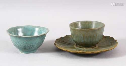 A CHINESE CELADON CUP AND SAUCER, together with a crackle wa...