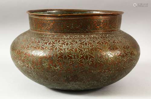 A LARGE 19TH CENTURY INDO PERSIAN TINNED COPPER BOWL, with e...