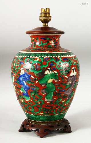 A JAPANESE KUTANI PORCELAIN LAMP VASE, with fitted wooden ba...