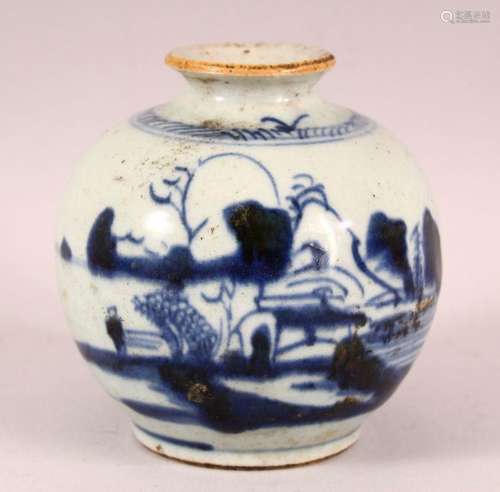 AN 18TH CENTURY CHINESE BLUE & WHITE PORCELAIN GLOBULAR VASE...