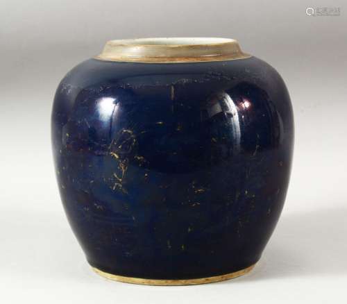 A CHINESE BLUE GROUND PORCELAIN JAR, the body with traces of...