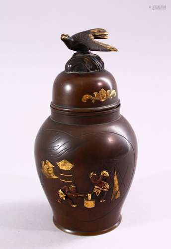 A JAPANESE MEIJI PERIOD BRONZE & MIXED METAL VASE & COVER, t...