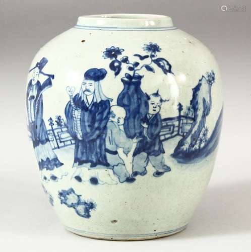 A CHINESE BLUE AND WHITE GINGER JAR, decorated with a sage a...