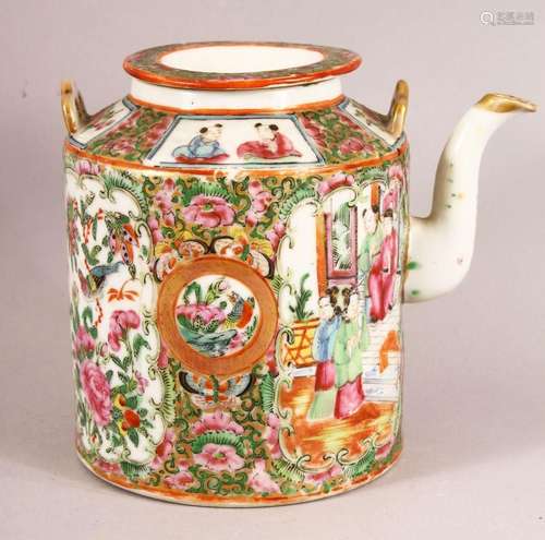 A 19TH CENTURY CHINESE CANTON FAMILLE ROSE PORCELAIN TEA POT...