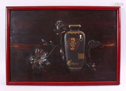 A FINE JAPANESE MEIJI PERIOD CARVED AND LACQUER WOOD PANEL, ...