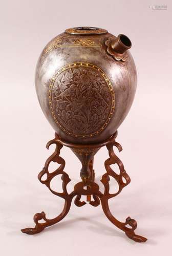 A GOOD 19TH CENTURY PERSIAN QAJAR INLAID STEEL HUQQA BASE & ...