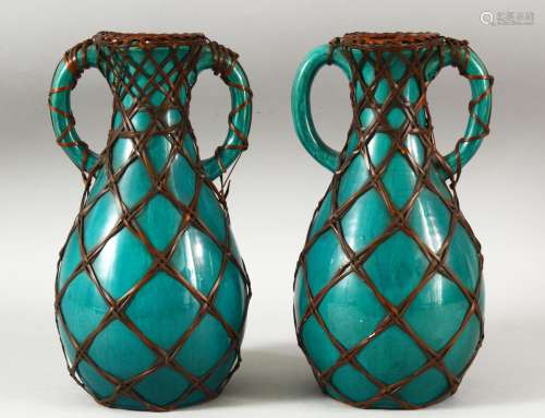 A PAIR OF JAPANESE TURQUOISE GROUND TWIN HANDLE BAMBOO ENCAS...