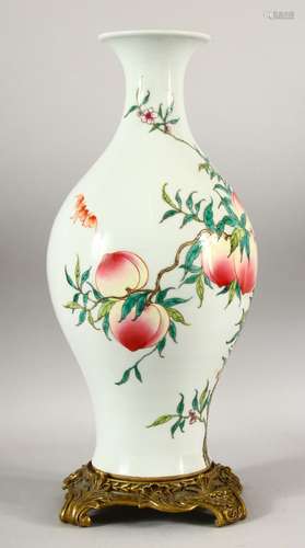 A CHINESE FAMILLE ROSE PORCELAIN PEACH VASE WITH GILT BRONZE...