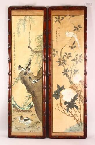 A LARGE PAIR OF HARDWOOD FRAMED CHINESE SCROLL PAINTINGS, ea...