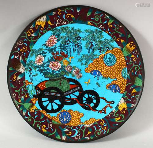 A CHINESE BLUE GROUND CLOISONNE DISH, depicting a cart with ...