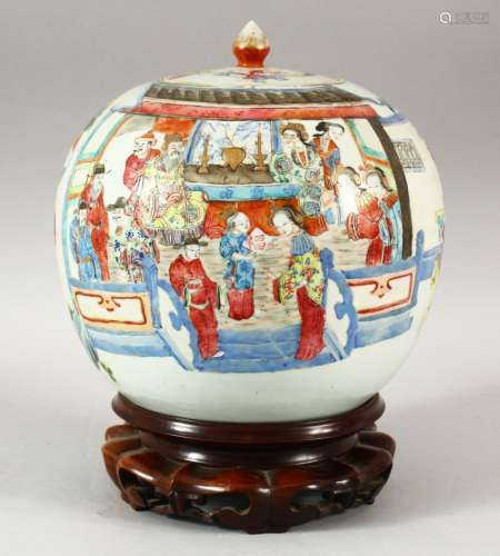 A GOOD CHINESE FAMILLE ROSE PORCELAIN JAR AND COVER on a har...