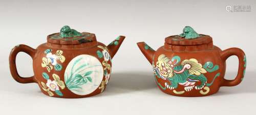 TWO CHINESE YIXING CLAY TEAPOTS WITH POLY CHROME DECORATION-...