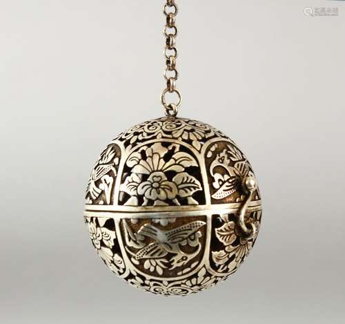 A CHINESE WHITE METAL / POSSIBLY SILVER SPHERICAL TRAVELLING...