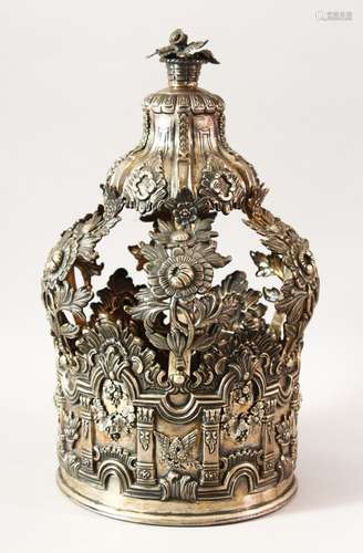 A GOOD JEWISH SILVER TORAH CROWN, with embossed decoration o...