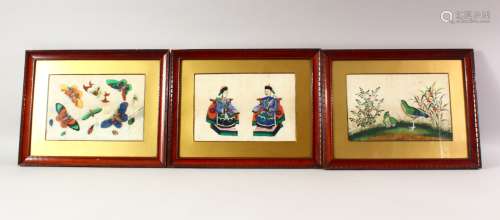 THREE CHINESE PAINTINGS ON RICE PAPER, one depicting butterf...
