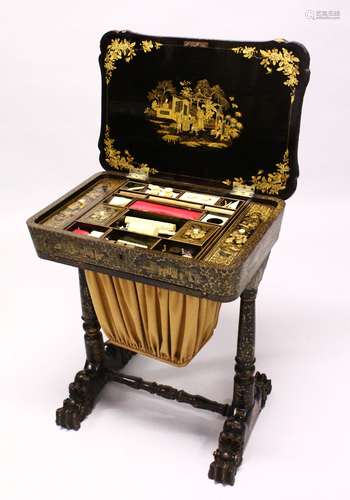 A CHINESE EXPORT BLACK LACQUER AND GILT DECORATED SEWING TAB...