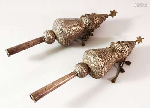 A PAIR OF JEWISH RIMONIM (TORAH FINIALS) , each embossed wit...