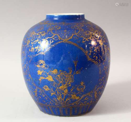 A CHINESE BLUE GROUND AND GILT DECORATED JAR, the body paint...