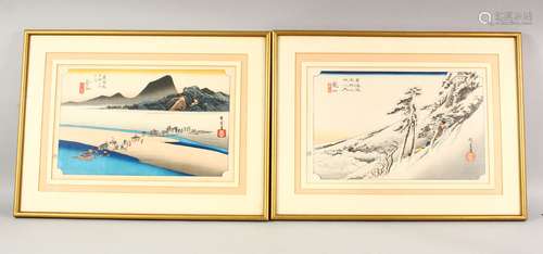 A PAIR OF JAPANESE WOODBLOCK PRINTS - one depicting a snowy ...