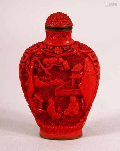 A CHINESE CINNABAR STYLE SNUFF BOTTLE, the base with a seal ...