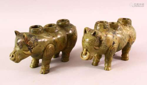 A PAIR OF CHINESE TIBET CARVED SOAPSTONE MYTHICAL BEAST CAND...