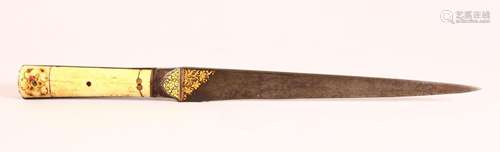 A GOOD INDIAN CARVED BONE & INLAID WATERED STEEL DAGGER - wi...