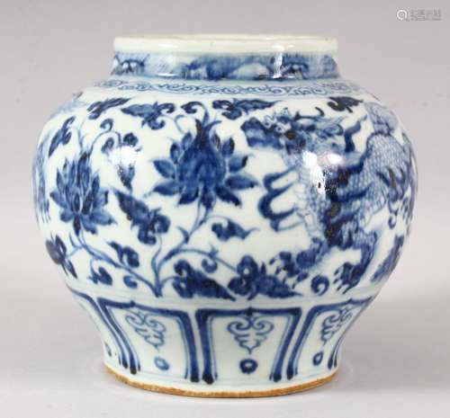 A CHINESE BLUE AND WHITE GLAZED POTTERY VASE, the body paint...