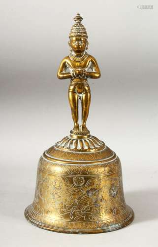 A LARGE INDIAN GILT BRONZE TEMPLE BELL, the bell with engrav...