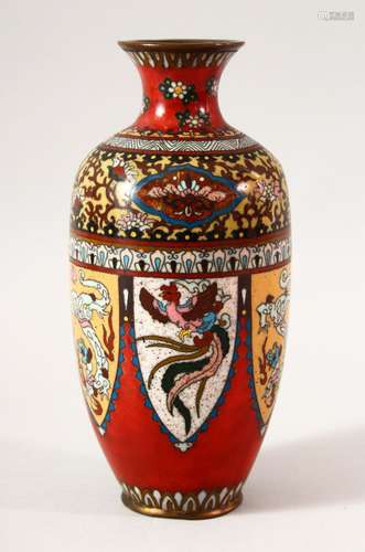 A JAPANESE MEIJI CLOISONNE VASE, with panels of stylised dra...