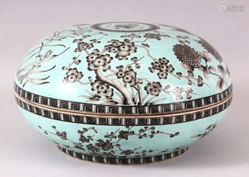 A LARGE CHINESE TURQUOISE GROUND CIRCULAR BOX AND COVER, the...