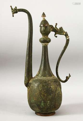 A LARGE 18TH CENTURY SAFAVID TINNED COPPER EWER, with dragon...