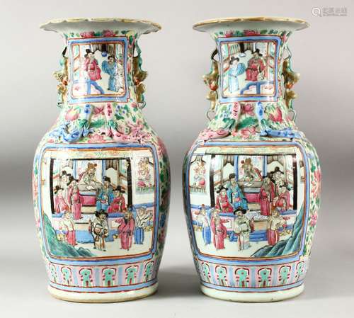 A LARGE PAIR OF CHINESE FAMILLE ROSE TWIN HANDLE VASES, the ...