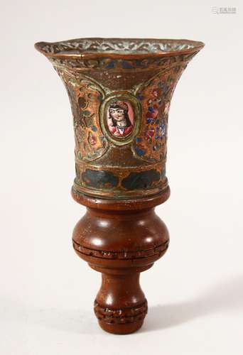 A PERSIAN QAJAR ENAMEL, BRASS AND WOOD HUQQA PIECE, 16CM