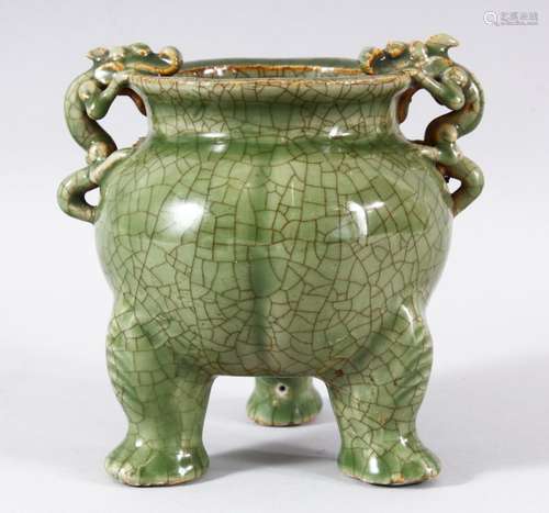 A GOOD CHINESE CRACKLE GLAZE CELADON TRIPOD CENSER, the hand...