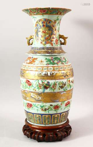 A LARGE CHINESE TWIN HANDLE CELADON GROUND ENAMELLED VASE AN...