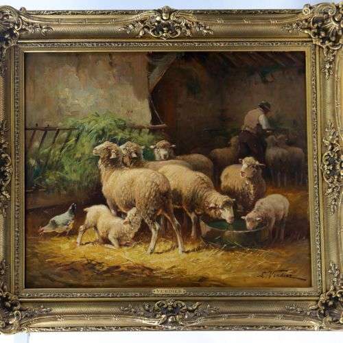 Emile VERDIER, moutons dans l'étable, huile sur toile, sbd, ...
