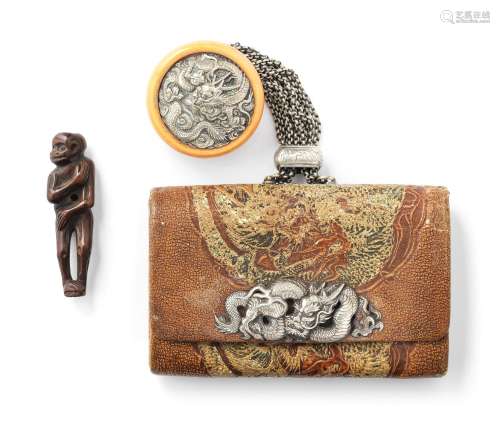 A tabako-ire (tobacco pouch) with kagamibuta netsuke and a w...