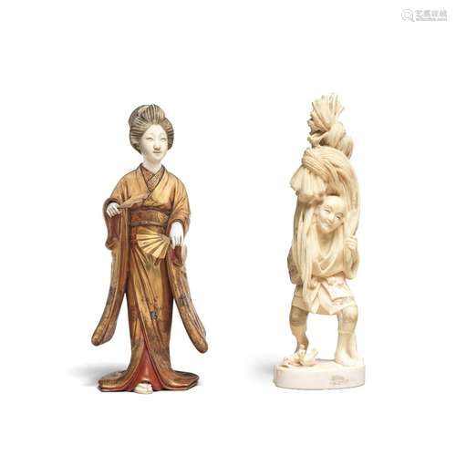 A shibayama-inlaid ivory stand and an ivory manju netsuke