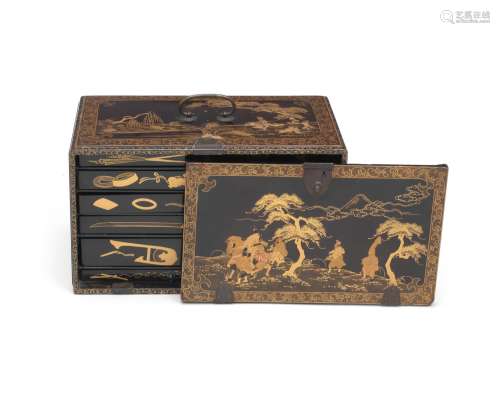 A lacquered-wood rectangular box and cover with matching tra...