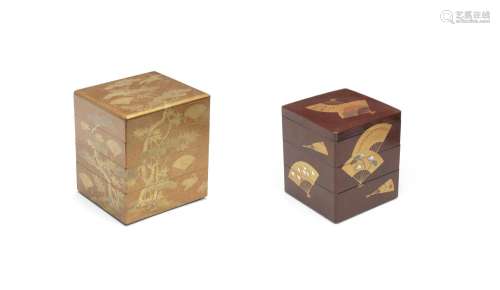 Six gold-lacquer containers and a stand