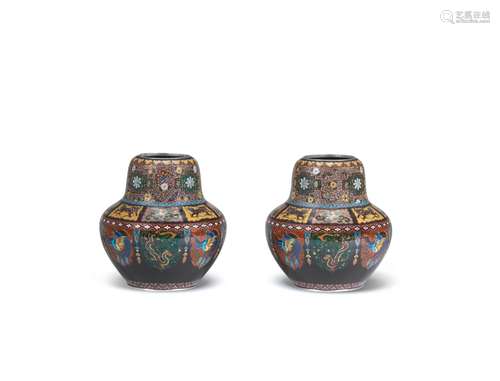 A pair of cloisonné-enamel moriage slender baluster vas...