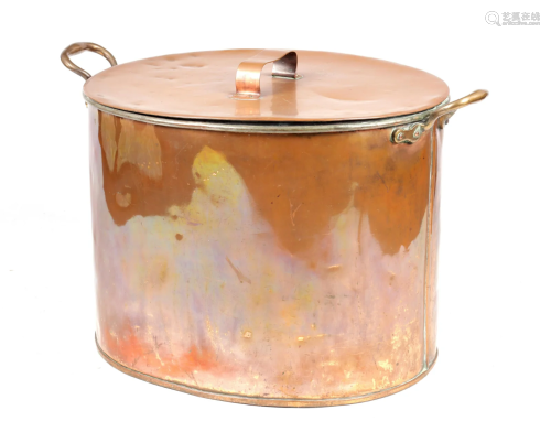 A LARGE LATE 19TH CENTURY COPPER LIDDED COOKING POT of