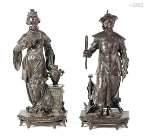FRANCOIS WILLEME. A PAIR OF FRENCH FIGURAL PATINATED