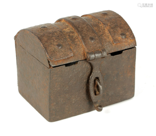 A MINIATURE 17TH CENTURY IRON COFFER having a domed lid