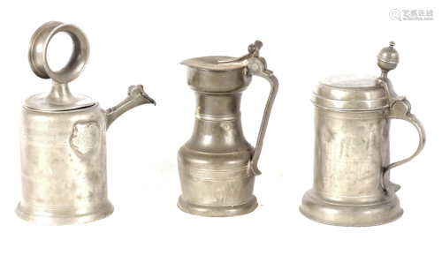 A COLLECTION OF THREE EARLY LIDDED PEWTER VESSELS
