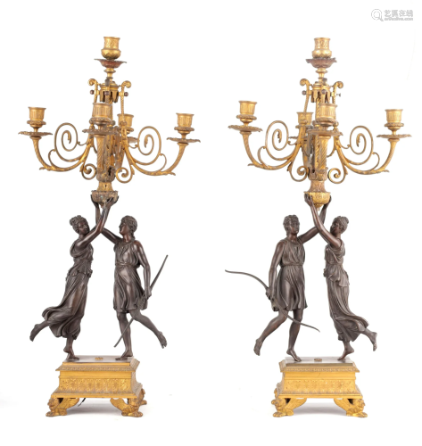 A PAIR OF 19TH CENTURY ORMOLU AND PATINATED BRONZE