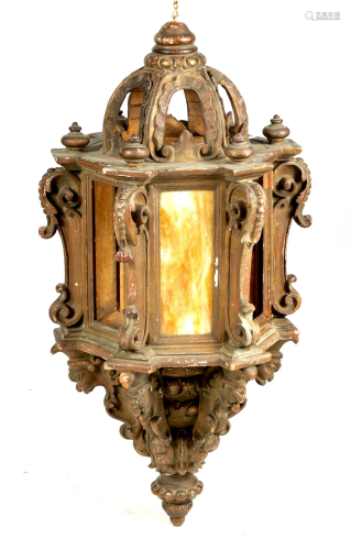 A 19TH CENTURY CARVED GESSO HANGING LANTERN the do…